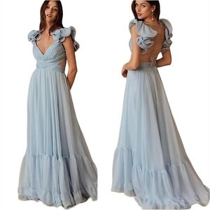 Mac Duggal Indy Chiffon Dress Cut-Out Ruffled Tiered Maxi Gown Blue Size 8